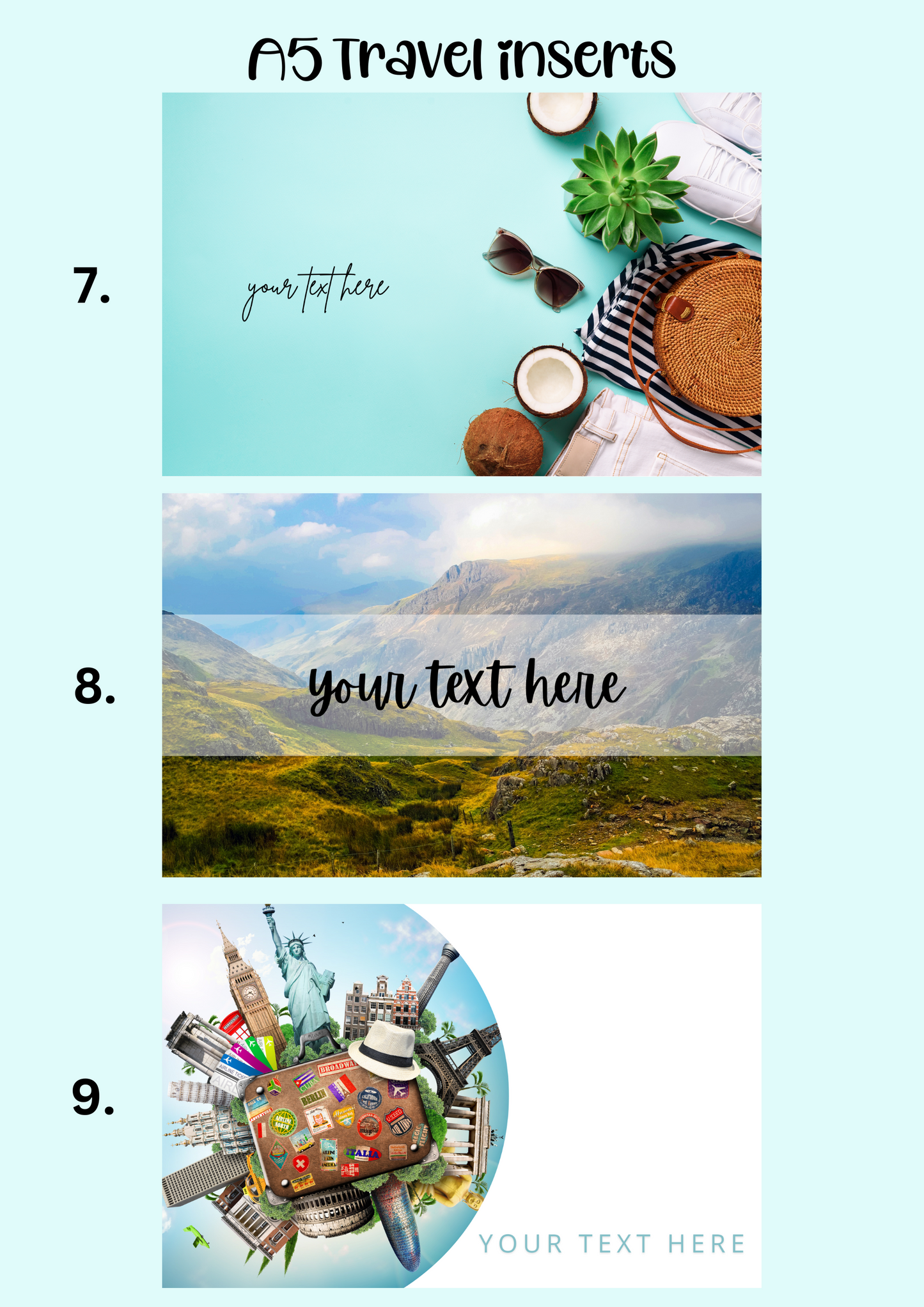 A5 Insert for Binder/ Front Page for Budget Wallets/ Travel Collection