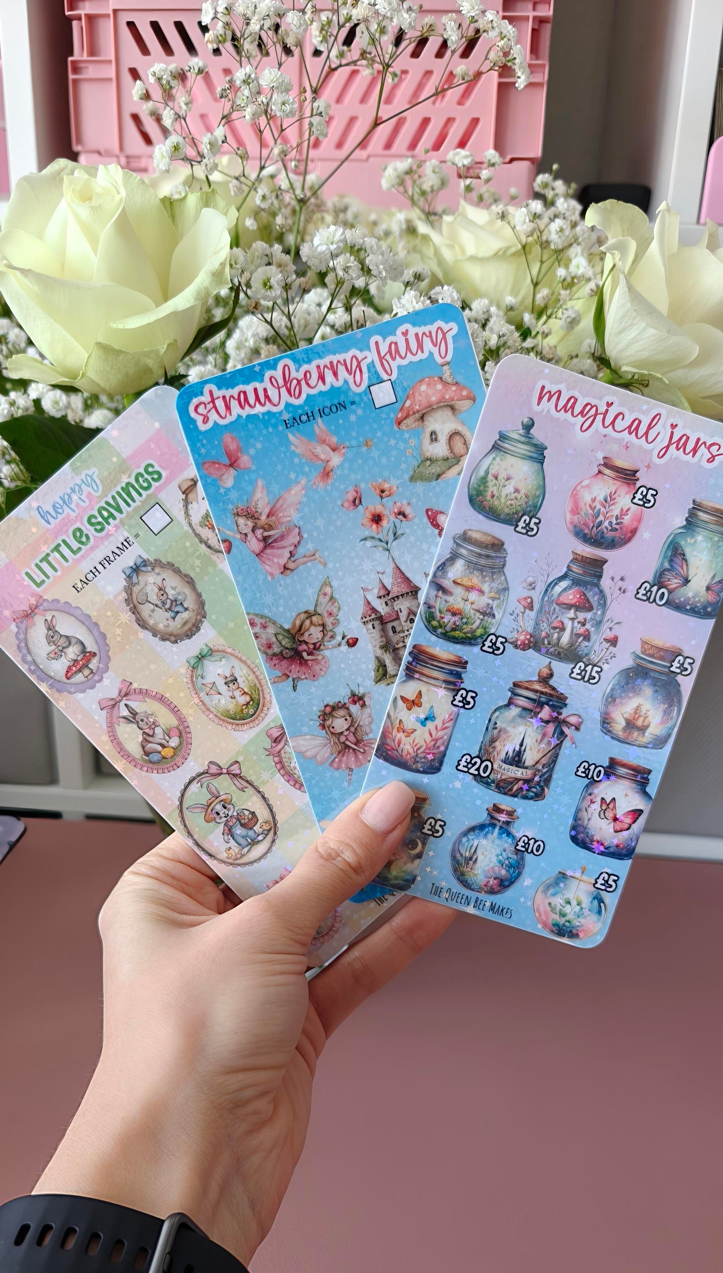 Cute Savings Tracker Set for Adults & Kids – Bunny, Fairy & Magical Jar Designs, Sparkly Laminate, Budget & Goal Planner