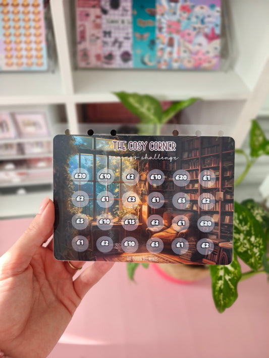 The Cosy Corner Savings Challenge | A6 Laminated Savings Tracker | Book Lover Theme | Cash Stuffing Sinking Fund
